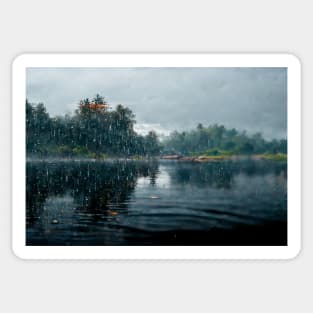 Foggy Lake Falling Raindrops On A Rainy Autumn Day Sticker